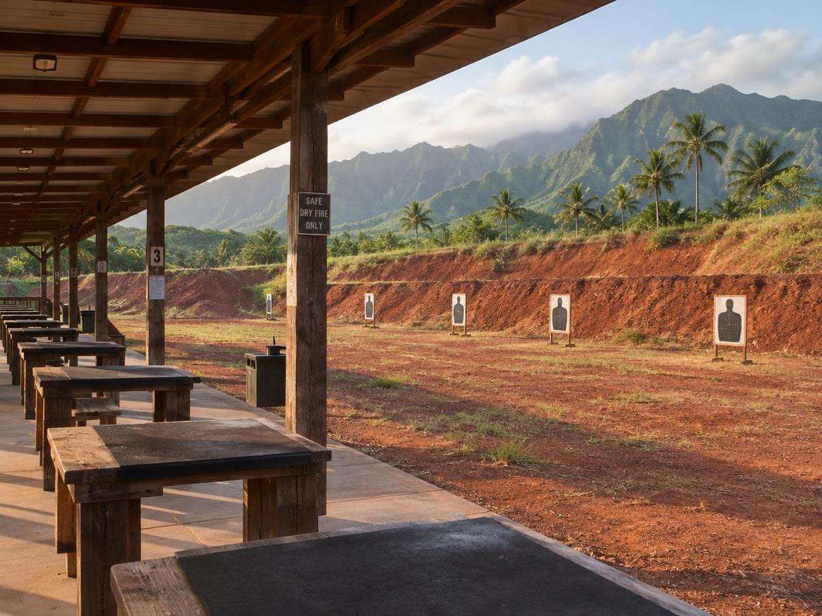 Outdoor shooting range in Hawaii with covered firing line and mountains beyond