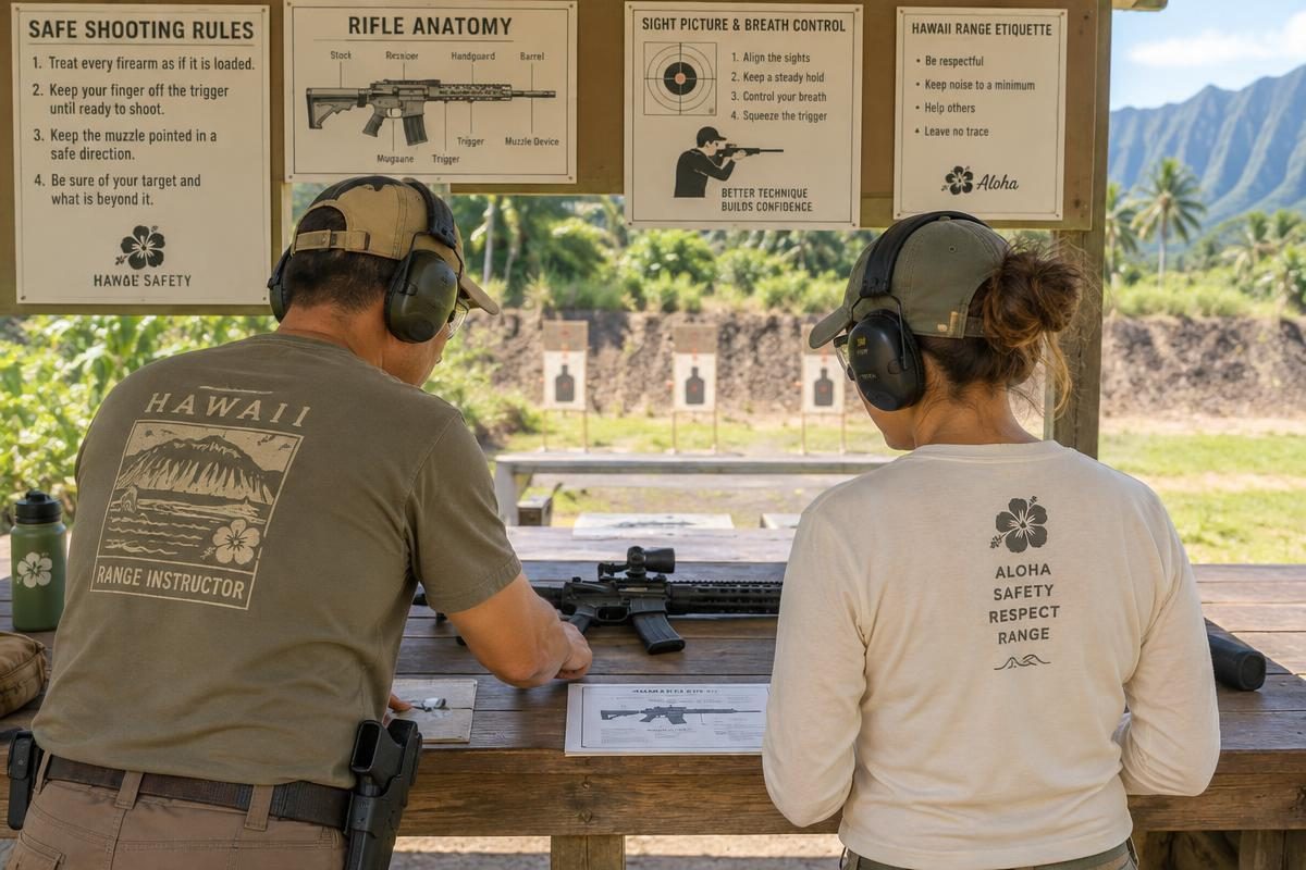 Instructor reviewing safe handling with an adult student at a Hawaii range